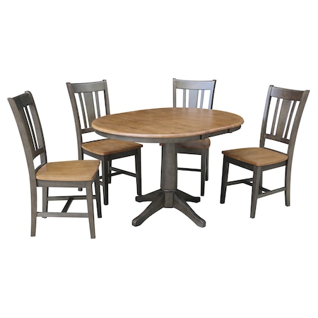 International Concepts Round 36 in Rd Extension Dining table, 4 RTA chairs, Hickory/Washed Coal, 36 W, 48 L, 30.1 in H, Wood K45-36RXT-27B-C10-4